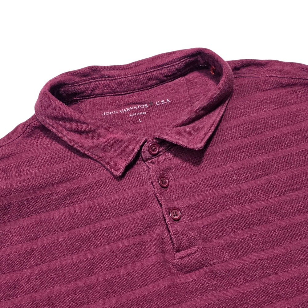 John Varvatos Polo Shirt Men‎ L Burgundy Striped Slub Cotton Short Sleeve